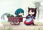  2girls :d animal_ears blue_hair blush_stickers boots brooch brown_hair cart chibi curly_hair dress head_fins imaizumi_kagerou japanese_clothes jewelry kimono long_hair looking_back lying mermaid monster_girl multiple_girls on_stomach open_mouth red_eyes short_hair smile street_dog touhou wagon wakasagihime werewolf wolf_ears 