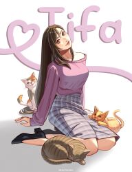  1girl absurdres arm_support artist_name bare_legs brown_hair cat character_name checkered_clothes checkered_skirt closed_mouth commentary english_commentary english_text eyelashes final_fantasy final_fantasy_vii final_fantasy_vii_rebirth final_fantasy_vii_remake head_tilt high-waist_shorts high_heels highres katsuartsu light_blush long_hair long_sleeves looking_at_viewer loose_clothes loose_shirt medium_skirt multiple_cats pencil_skirt pink_shirt red_eyes shadow shirt shorts simple_background single_off_shoulder sitting skirt smile tifa_lockhart very_long_hair white_background yokozuwari 