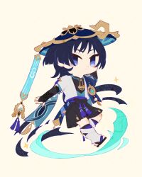  1boy :< absurdres animal_print arm_at_side armor bird_print black_bodysuit black_bow black_bridal_gauntlets black_hair black_sandals black_shorts blue_cape blue_gem blue_hat blue_jingasa blue_kimono blue_sleeves blunt_ends bodysuit bow bridal_gauntlets cape chibi chibi_only choppy_bangs closed_mouth empty_eyes feathers full_body furisode gem genshin_impact gold gold_ring hakama hakama_shorts hand_up hat highres japanese_armor japanese_clothes jingasa juban kimono kote kurokote layered_sleeves leg_warmers looking_at_viewer male_focus mandarin_collar middle_ring open_clothes open_hand open_kimono pleated_shorts pom_pom_(clothes) purple_rope purple_sash rope sandals sash scaramouche_(genshin_impact) short_sleeves shorts side_cape solo somnus_(vernelias) split_mouth stirrup_legwear tassel toeless_legwear violet_eyes vision_(genshin_impact) wanderer_(genshin_impact) white_background white_kimono white_leg_warmers white_sleeves white_trim wind yellow_feathers zouri 