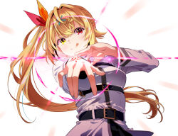  1girl :d belt blonde_hair breasts chaldea_master_uniform command_spell commentary_request cosplay fate/grand_order fate_(series) foreshortening fujimaru_ritsuka_(female) fujimaru_ritsuka_(female)_(cosplay) hair_ornament hair_ribbon hairclip heterochromia hoshikawa_sara long_hair long_sleeves looking_at_viewer multiple_belts nijisanji outstretched_hand pleated_skirt red_eyes ribbon side_ponytail skirt smile solo tsukumo_(soar99) upper_body virtual_youtuber yellow_eyes 