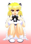  1girl blonde_hair blush breasts drill_hair hat highres large_breasts luna_child open_mouth panties red_eyes short_hair skirt smile solo squatting touhou underwear white_panties wings 