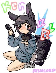  1girl :< ahoge animal_ear_fluff animal_ears black_eyes black_hair blue_hoodie blush character_name commentary english_commentary grey_socks hood hoodie kenny_(ken_ashcorp) kneeling looking_at_viewer lunchbox45 microphone musical_note rabbit_ears rabbit_girl rabbit_tail socks solo speaker tail white_background 