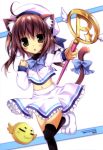  1girl absurdres ahoge animal_ears black_legwear blouse brown_hair cat_ears cat_tail creature green_eyes hat highres karory long_sleeves navel paw_shoes skirt tail tail_bow thigh-highs wand |3 