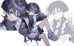  ... 1boy absurdres apron arm_at_side arm_on_knee black_jacket black_shorts black_sleeves blunt_ends candy chest_belt diing_ku eyeliner food genshin_impact hand_on_own_face hand_up highres holding holding_candy holding_food holding_lollipop jacket knee_up lollipop long_sleeves looking_at_viewer makeup male_focus multiple_views open_clothes open_jacket parted_lips popped_collar red_eyeliner ribbed_socks scaramouche_(genshin_impact) shirt shoes shorts sleeves_past_wrists sneakers socks solo spoken_ellipsis sweatdrop track_jacket tsurime turtleneck turtleneck_jacket undershirt violet_eyes waist_apron white_apron white_mouth white_shirt white_shoes white_socks wispy_bangs 