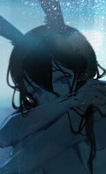  1girl amiya_(arknights) animal_ears arknights black_hair blue_eyes commentary covered_mouth crying crying_with_eyes_open hair_between_eyes hand_on_own_shoulder highres juhuacha long_hair looking_at_viewer material_growth messy_hair oripathy_lesion_(arknights) rain solo tears 