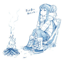  1girl =_= bbb_(friskuser) beanie blue_theme book boots campfire camping_chair chair closed_eyes commentary_request down_jacket fingerless_gloves fire firewood folding_chair full_body fur-trimmed_boots fur_trim gloves hat holding holding_book jacket knee_boots long_hair long_sleeves monochrome on_chair pantyhose parted_lips pleated_skirt pom_pom_(clothes) pom_pom_beanie scarf shima_rin simple_background sitting sketch skirt solo white_background yurucamp 