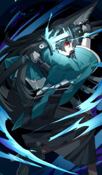  1girl absurdres animal_ear_fluff animal_ears aqua_jacket black_gloves black_hair black_skirt chawarabi closed_mouth fingerless_gloves fox_ears fox_girl gauntlets gloves highres holding holding_sword holding_weapon hoshimi_miyabi jacket katana long_hair looking_at_viewer red_eyes sheath shirt sidelocks single_fingerless_glove single_gauntlet skirt solo sword unsheathing weapon white_shirt zenless_zone_zero 