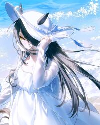  ahoge animal_ears black_hair coat cropped dress duck_sal ears_through_headwear floating_hair hair_between_eyes hat horse_ears horse_girl horse_tail long_bangs long_hair long_hair_between_eyes long_sleeves manhattan_cafe_(umamusume) multicolored_hair ocean open_clothes open_coat see-through_clothes see-through_coat sun_hat tail umamusume very_long_hair waves white_dress white_hair yellow_eyes 