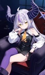  1girl ahoge ankle_cuffs black_dress black_horns braid braided_bangs chair chest_harness commentary_request cross-laced_slit demon_girl demon_horns detached_sleeves double-parted_bangs dress grey_hair harness highres hololive horns la+_darknesss la+_darknesss_(1st_costume) long_hair long_sleeves looking_at_viewer multicolored_hair neckerchief on_chair pantyhose pointy_ears purple_pantyhose purple_streaks short_dress side_slit single_hair_streak single_leg_pantyhose sitting sleeveless sleeveless_dress slit_pupils solo streaked_hair striped_horns tail toketa-sekai very_long_hair virtual_youtuber yellow_eyes yellow_neckerchief 