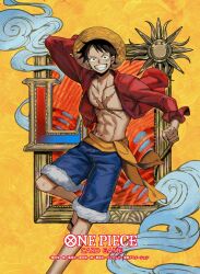  1boy abs blue_shorts clenched_hand clenched_teeth commentary_request copyright_name hand_on_own_hat hat highres looking_at_viewer male_focus monkey_d._luffy official_art one_piece one_piece_card_game red_shirt sandals sash scar scar_on_chest scar_on_face shirt short_hair shorts smile smoke solo standing standing_on_one_leg straw_hat sunohara_(encount) teeth wind yellow_background yellow_sash 