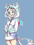  1girl alternate_costume animal_hood aqua_eyes blue_background bottomless dark_souls dragon_girl dragon_horns dragon_tail fang hands_in_pockets hood hoodie horns long_hair long_sleeves outline priscilla_the_crossbreed setz simple_background smile souls_(from_software) tail white_hair zipper 