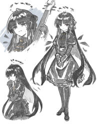  1girl absurdres ahoge arknights ascot black_ascot black_gloves black_hair black_halo black_wings blunt_bangs bow broken_halo cello closed_mouth colored_inner_hair cropped_torso crying dark_halo detached_wings dress energy_wings expressionless from_side full_body gloves greyscale hair_bow hair_ribbon halo hands_up hatching_(texture) high_heels highres hime_cut holding holding_instrument holding_violin instrument interlocked_fingers layered_sleeves linear_hatching long_hair long_sleeves looking_ahead looking_at_viewer looking_to_the_side mabing mole mole_under_eye monochrome multicolored_hair multiple_views own_hands_clasped own_hands_together pantyhose parted_lips playing_instrument profile puffy_short_sleeves puffy_sleeves ribbon shirt shoes short_over_long_sleeves short_sleeves sidelocks sideways_glance simple_background sketch skirt smile spot_color standing straight_hair strap strappy_heels very_long_hair violin virtuosa_(arknights) white_background wing_collar wings 