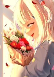 1girl absurdres blue_eyes blue_hair bouquet commentary english_commentary flower from_side gawr_gura hair_ornament highres holding holding_bouquet hololive long_hair multicolored_hair nail_polish open_mouth ramuneru shark_girl sharp_teeth tears teeth virtual_youtuber 