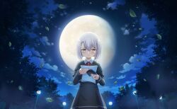  1girl artist_request black_dress black_jacket blunt_ends bob_cut card_commentary closed_mouth clouds collared_dress commentary cowboy_shot crying crying_with_eyes_open daito_academy_school_uniform dot_nose dress envelope fingernails frown game_asset gibbous_moon grey_eyes hair_between_eyes highres holding holding_envelope holding_letter izumi_kanagi jacket jewelry lamppost layered_sleeves leaf letter light_blush long_sleeves magia_record:_mahou_shoujo_madoka_magica_gaiden mahou_shoujo_madoka_magica mahou_shoujo_madoka_magica_magia_exedra moon nail_art neck_ribbon night official_art outdoors park pleated_dress reading red_ribbon ribbon ring sad school_uniform short_dress short_hair short_over_long_sleeves short_sleeves sky sleeves_past_wrists solo standing star_(sky) starry_sky straight-on streaming_tears tears third-party_source white_hair 