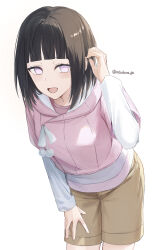  1girl :d absurdres black_hair boruto_(series) brown_shorts commentary cowboy_shot highres hyuuga_hinata jacket leaning_forward long_sleeves looking_at_viewer mizukura_ge naruto_(series) no_pupils open_mouth pink_jacket shirt short_hair shorts smile solo twitter_username violet_eyes white_background white_shirt 