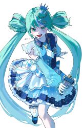  1girl :d aqua_hair artist_name asymmetrical_clothes asymmetrical_dress back_bow blue_dress blue_shoes blue_sleeves blue_streaks blue_trim blush bow bow-shaped_hair collared_dress commentary_request crown crown_ornament detached_sleeves dress earrings eyebrows_hidden_by_hair floating_hair foot_out_of_frame frilled_dress frilled_thighhighs frills gloves gradient_hair green_hair hair_ornament hatsune_miku highres holding holding_microphone jewelry large_bow lawson long_hair looking_at_viewer microphone mini_crown multicolored_hair multicolored_sleeves necktie oeoi_t official_alternate_costume official_alternate_hairstyle open_mouth partially_shaded_face pink_streaks puffy_detached_sleeves puffy_sleeves shirt shoes silver_crown simple_background single_earring single_thighhigh sleeveless sleeveless_dress sleeveless_shirt smile solo standing standing_on_one_leg star_(symbol) star_hair_ornament streaked_hair striped_clothes striped_sleeves swept_bangs thigh-highs tilted_headwear twintails twitter_username two_side_up vertical-striped_clothes vertical-striped_sleeves very_long_hair vocaloid white_background white_bow white_gloves white_necktie white_sleeves white_streaks white_thighhighs 