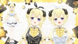  1girl animal_ears apron blonde_hair bow bowtie commentary_request double_bun dress fishnet_pantyhose fishnets frilled_dress frills full_body fuumi_(radial_engine) hair_bun hair_ornament hairband hairclip highres hololive horns long_hair looking_at_viewer multiple_views official_art pantyhose puffy_short_sleeves puffy_sleeves second-party_source sheep_ears sheep_girl sheep_horns shirt shoes short_dress short_hair short_sleeves single_leg_pantyhose tsunomaki_watame very_long_hair violet_eyes virtual_youtuber white_apron white_dress white_hairband white_shoes white_wrist_cuffs wrist_cuffs x_hair_ornament yellow_bow yellow_bowtie yellow_shirt 