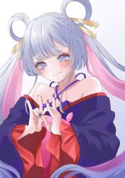  1girl absurdres bare_shoulders blue_kimono blush cho_kaguya-hime! closed_mouth colored_inner_hair commentary_request crying crying_with_eyes_open double_fox_shadow_puppet fox_shadow_puppet fox_shadow_puppet_kiss hair_ornament hair_rings hair_stick highres japanese_clothes kimono long_hair makyu_(nnprnml_526) multicolored_hair off_shoulder pink_eyes pink_hair revision runami_yachiyo simple_background solo tears white_background white_hair 