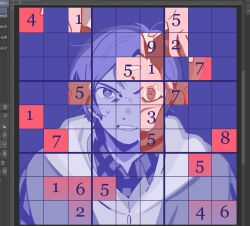  1boy 1girl art_program_in_frame chaie clenched_teeth collared_shirt commentary english_commentary highres jacket junpei_(kyokugen_dasshutsu) kurashiki_akane kyokugen_dasshutsu kyokugen_dasshutsu:_9_jikan_9_nin_9_no_tobira plaid_clothes plaid_shirt purple_theme puzzle red_theme screenshot shirt short_hair sudoku sweatdrop tearing_up teeth 