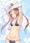  1girl 2d armpits barcode bikini brown_hair changing_clothes ear_piercing green_eyes midriff mound_of_venus navel one_eye_closed piercing small_breasts string_bikini swimsuit twintails 