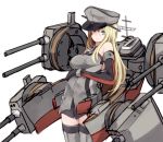  1girl bismarck_(kantai_collection) blonde_hair blue_eyes breasts cowboy_shot detached_sleeves grey_legwear hat kantai_collection long_hair machinery peaked_cap roll_okashi simple_background sketch solo thigh-highs turret white_background 