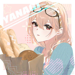  1girl baguette blue_sweater border bread character_name eyewear_on_head food glasses heart highres holding holding_food long_hair looking_at_viewer pink_background pink_hair piyansuke portrait solo star_(symbol) sweater tsukishiro_yanagi white_border zenless_zone_zero 