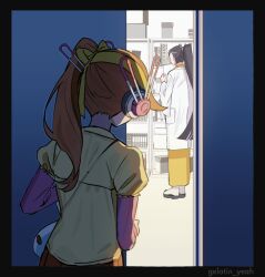  2girls ace_attorney artist_name athena_cykes black_border border bow bow_hairband brown_hair commentary_request from_behind gumi_(gelatin) hairband headphones lab_coat long_hair long_sleeves looking_at_another metis_cykes mother_and_child mother_and_daughter multiple_girls orange_hair parent_and_child phoenix_wright:_ace_attorney_-_dual_destinies ponytail shirt side_ponytail very_long_hair yellow_bow yellow_hairband yellow_shirt 