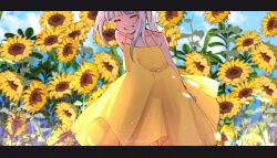  1girl absurdres alternate_costume blue_hair blue_sky closed_eyes cowboy_shot day dress english_commentary facing_viewer flower gawr_gura grin highres hololive hololive_english keisea letterboxed long_hair multicolored_hair sky sleeveless sleeveless_dress smile solo spaghetti_strap sundress sunflower two-tone_hair white_hair yellow_dress 