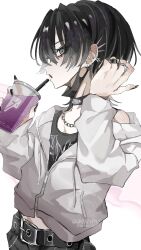  1girl adjusting_hair arm_up belt black_belt black_choker black_hair black_mask black_nails black_shirt blue_eyes chain chain_necklace choker cropped_hoodie cup disposable_cup drink drinking drinking_straw eyes_visible_through_hair fingernails grey_hoodie hand_up highres hood hood_down hoodie jagged_sclera jewelry long_fingernails mask medium_hair midriff_peek mouth_mask mouth_mask_under_chin mullet necklace open_mouth original partially_unzipped profile ring satoinu111 screentones shirt simple_background single_bare_shoulder single_off_shoulder solo spiked_ear_piercing upper_body white_background 