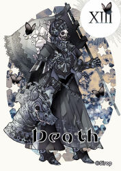  armor artist_name banner bilingual_commentary bug butterfly card death_(tarot) english_text flower full_body helmet holding holding_banner mixed-language_commentary original roman_numeral simple_background sirop skull tarot tarot_card 