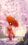 1girl brown_eyes brown_hair cherry_blossoms japanese_clothes miyai_haruki oriental_umbrella original scenery short_hair solo umbrella 