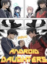  2boys 2girls ? absurdres ahoge aris_(blue_archive) black_hair black_necktie blue_archive blue_eyes blue_necktie brown_hair brown_jacket commander_(girls'_frontline) doodle_sensei_(blue_archive) english_commentary english_text girls'_frontline_2:_exilium girls_frontline hair_between_eyes hairband halo highres holding_hands jacket long_hair long_sleeves m200_(girls'_frontline) multiple_boys multiple_girls necktie sensei_(blue_archive) smart_oval smile sweatdrop violet_eyes 