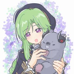  1girl :d animal animalization assault_lily black_hat black_horns black_jacket blush braid braided_ponytail closed_eyes commentary demon_horns floral_background flower flower_symbol frilled_sleeves frills green_hair hands_up hat head_tilt highres holding holding_animal horns jacket kasa_(kasa_mayulove) long_hair long_sleeves looking_at_viewer murakami_tokiwa open_mouth purple_flower sekino_youko shout_lines single_braid smile upper_body v-shaped_eyebrows violet_eyes white_background wombat 