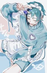  1boy alternate_costume apron aqua_hair aqua_jacket aqua_shorts candy commentary floyd_leech food hair_between_eyes highres holding holding_candy holding_food holding_lollipop jacket jersey_maid lollipop long_sleeves looking_at_viewer looking_up maid maid_apron maid_headdress one_eye_closed open_mouth q22p_q sharp_teeth short_hair shorts sleeves_past_wrists smile teeth twisted_wonderland unconventional_maid yellow_eyes 