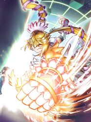  2girls armor armored_skirt blonde_hair covered_eyes digimon digimon_(creature) hair_ribbon highres long_hair lovelyangemon mask matax33 multiple_girls oc_x_canon original pauldrons punching purple_ribbon ribbon shoulder_armor signature smile twintails yellow_mask 
