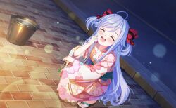  1girl :d ^_^ ahoge black_border blue_hair blush border bow brick_floor brick_wall bucket closed_eyes commentary_request fireworks floral_print full_body full_moon game_asset hair_bow hair_rings hand_up highres holding japanese_clothes kimono letterboxed long_hair long_sleeves moon night niizuma_yae non-web_source obi official_art open_mouth outdoors pavement pink_kimono print_kimono red_bow red_kimono sandals sash self-datamine sidelocks smile solo sparkler squatting standing stone_floor teeth tile_floor tiles very_long_hair water wide_sleeves world_dai_star yukata zouri 