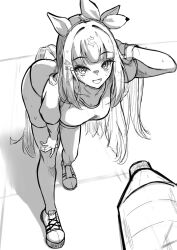  :d almond_eye_(umamusume) animal_ears ass bent_over bottle buruma collarbone commentary_request full_body greyscale hair_ornament hair_ribbon hairband hairclip hand_in_own_hair hand_on_own_knee highres horse_ears horse_girl horse_tail j450n777 long_hair looking_at_viewer monochrome pov ribbon shoes sketch smile star-shaped_pupils star_(symbol) sweat symbol-shaped_pupils tail thigh-highs umamusume water_bottle 