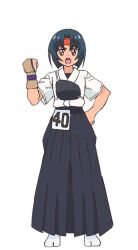  1girl black_hair brown_eyes full_body gloves hakama hakama_skirt headband japanese_clothes muneate nasu_yumika official_art open_mouth partially_fingerless_gloves precure red_headband single_glove skirt solo standing star_twinkle_precure tabi transparent_background yugake 
