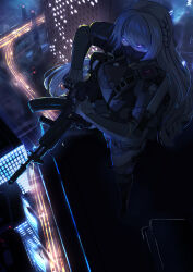  1girl absurdres ak-15 ak-15_(girls'_frontline) assault_rifle braid building bullet city city_lights commentary_request covered_mouth from_above full_body girls'_frontline_2:_exilium girls_frontline glowing glowing_eyes grey_hair gun hari_tokei highres highway holding holding_gun holding_weapon holster kalashnikov_rifle knife_sheath leg_armor legs_apart long_hair looking_ahead mask mouth_mask night outdoors red_pupils rifle ringed_eyes sheath side_braid solo standing violet_eyes voymastina_(girls'_frontline_2) weapon 