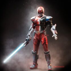  3d arm_guards armor belt bodysuit boots character_request check_character commentary english_commentary full_body gloves helmet holding holding_sword holding_weapon male_focus power_rangers power_rangers_s.p.d. red_bodysuit s.p.d._red_ranger s.p.d._red_ranger_(battlizer_cyber_mode) shoulder_armor standing sword tokujay tokusatsu twitter_username weapon 