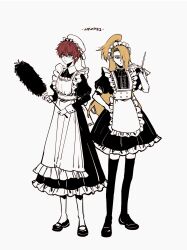  2boys absurdres apron asymmetrical_bangs blonde_hair bonnet bow brown_eyes closed_mouth commentary_request crossdressing crossdressing_(mtf) deidara_(naruto) dress duster english_text expressionless eyeliner hair_over_one_eye hand_on_own_hip high_ponytail highres holding holding_duster long_hair looking_at_viewer m11080505 maid_apron maid_headdress makeup male_focus multiple_boys naruto_(series) naruto_shippuuden ponytail red_hair sasori_(naruto) short_hair simple_background thigh-highs white_background white_bonnet zettai_ryouiki 