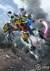 clouds cloudy_sky commentary_request copyright_notice debris earth_federation energy_sword english_text flying glowing glowing_eyes gundam gundam_card_game gundam_gquuuuuux hukutuuprunes logo mecha mecha_focus mobile_suit o'neill_cylinder official_art realistic robot scene_reference science_fiction sky space_habitat sunrise_(company) sword title v-fin violet_eyes weapon white_gundam 