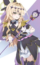  1girl 966_kururu_966 absurdres black_dress blonde_hair blue_archive commentary_request cosplay cure_arcana_shadow cure_arcana_shadow_(cosplay) dress green_eyes halo heart highres holding holding_staff long_hair looking_at_viewer magical_girl meitantei_precure! precure professor_niyaniya_(blue_archive) solo staff standing 