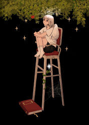  1girl apple black_eyes book chair closed_mouth commentary food fruit halo highres leaf looking_at_food on_chair original shirt sitting solo untranslatable_commentary white_hair white_halo white_shirt white_wings wings yin_0909 