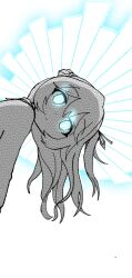  1girl bent_over blue_eyes cardigan closed_mouth commentary english_commentary flickap_zoffy from_side glowing glowing_eyes hair_between_eyes hair_ribbon highres long_hair long_sleeves looking_at_viewer looking_to_the_side neuro-sama ribbon smile solo spot_color turning_head two_side_up vedal_ai virtual_youtuber 