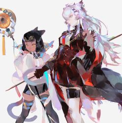  2girls absurdres aiguillette animal_ears arknights black_gloves black_hair black_jacket black_thighhighs blue_eyes blunt_bangs cat_ears cat_girl chinese_commentary commentary_request dark-skinned_female dark_skin feet_out_of_frame gloves grey_hair grey_tail hair_between_eyes hair_ornament hairclip highres holding holding_staff holding_sword holding_weapon jacket lappland_(arknights) lappland_the_decadenza_(arknights) long_hair long_sleeves multiple_girls necktie profile qimeila_versa scar scar_across_eye scar_on_face shirt simple_background staff standing sword tail thigh-highs titi_(arknights) two-tone_necktie weapon white_background white_shirt wolf_ears wolf_girl wolf_tail yellow_eyes 