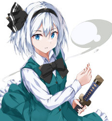  1girl black_bow black_bowtie black_hairband black_ribbon blue_eyes bow bowtie commentary green_skirt green_vest hair_ribbon hairband highres hiiragi_(user_slf5165) hitodama holding holding_sheath konpaku_youmu konpaku_youmu_(ghost) long_sleeves ribbon sheath sheathed shirt short_hair skirt solo sword touhou vest weapon white_hair white_shirt 