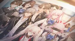  3boys 6+girls animal_ears baseball_bat belt black-framed_eyewear black_belt black_choker black_gloves black_jacket black_necktie black_scarf blue_bow blue_bowtie blue_eyes blue_skirt bow bowtie braid breasts brown_bow brown_bowtie brown_eyes brown_hair buttons caelus_(honkai:_star_rail) choker clenched_hand closed_mouth covered_eyes crossed_arms diamond_(shape) diamond_facial_mark doll earrings english_commentary evanescia_(honkai:_star_rail) facial_mark fingerless_gloves fox_ears fox_girl game_asset glasses gloves graphia_academy_school_uniform grey_hair grey_jacket hair_between_eyes hair_bow hair_ornament hairband hairclip hand_up hands_on_own_hips hands_up heart heart_facial_mark highres holding holding_baseball_bat holding_stick honkai:_star_rail honkai_(series) jacket jewelry lapels long_hair long_sleeves looking_at_viewer march_7th_(honkai:_star_rail) medium_breasts medium_hair multicolored_eyes multicolored_hair multiple_boys multiple_girls necktie no_eyes official_alternate_costume official_art one_eye_closed open_clothes open_jacket open_mouth photo_(object) pink_eyes pink_hair pink_hairband plaid_bow plaid_bowtie plaid_clothes pleated_skirt puffy_long_sleeves puffy_sleeves red_bow red_hair round_eyewear scarf school_uniform semi-rimless_eyewear short_hair sidelocks single_braid single_earring skirt skott_(honkai:_star_rail) smile sparkle_(honkai:_star_rail) sparxie_(honkai:_star_rail) standing stick streaked_hair sunglasses table teeth thumbs_up tongue trailblazer_(honkai:_star_rail) twintails upper_body v-shaped_eyebrows wavy_hair welt_yang white_hair white_jacket yellow_eyes 