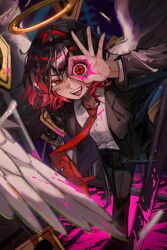  1girl angel artist_name black_hair black_jacket black_pants blood blood_on_clothes blood_on_hands blood_stain collared_shirt commentary_request crosshair feathered_wings feathers halo jacket looking_at_viewer multicolored_hair necktie open_mouth original pants pink_blood red_eyes red_hair red_necktie rnp_02 road_sign shirt sign solo teeth tongue white_shirt wings 