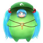  1girl backpack bag blue_eyes blue_hair commentary_request hair_bobbles hair_ornament hat kawashiro_nitori key long_hair looking_at_viewer open_mouth shirosato smile solo touhou twintails very_long_hair 